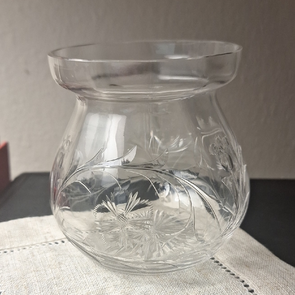 Vintage Glass Bulbous Rose Vase Engraved Floral and Leaf Pattern 4" Tall